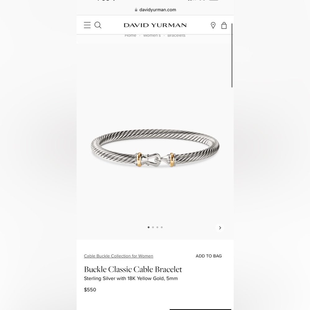David Yurman Buckle Cable Bracelet
Sterling Silver with 18K Yellow Gold, 5mm